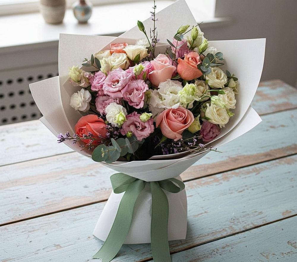 Букет цветов из: Розы, Лизиантусы и Гвоздики в Гирей