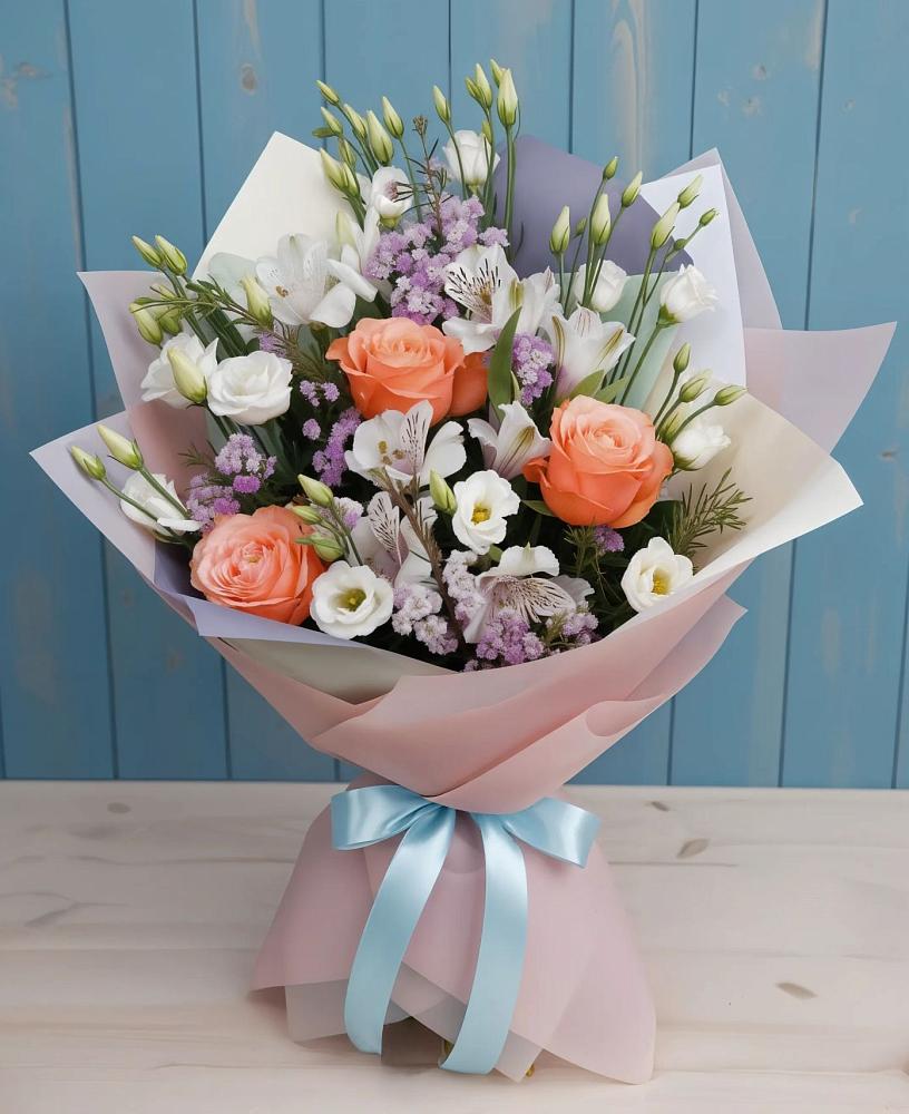 Букет цветов из: Лизиантусы, Розы, Альстромерии и Гипсофила в Гирей